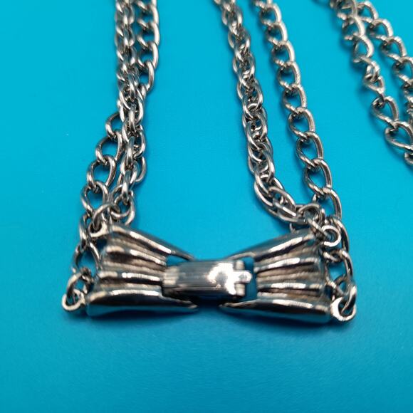 Vintage Heart Layered Long Necklace, Etched Pendant, Silver Tone, 25" - Picture 7 of 9